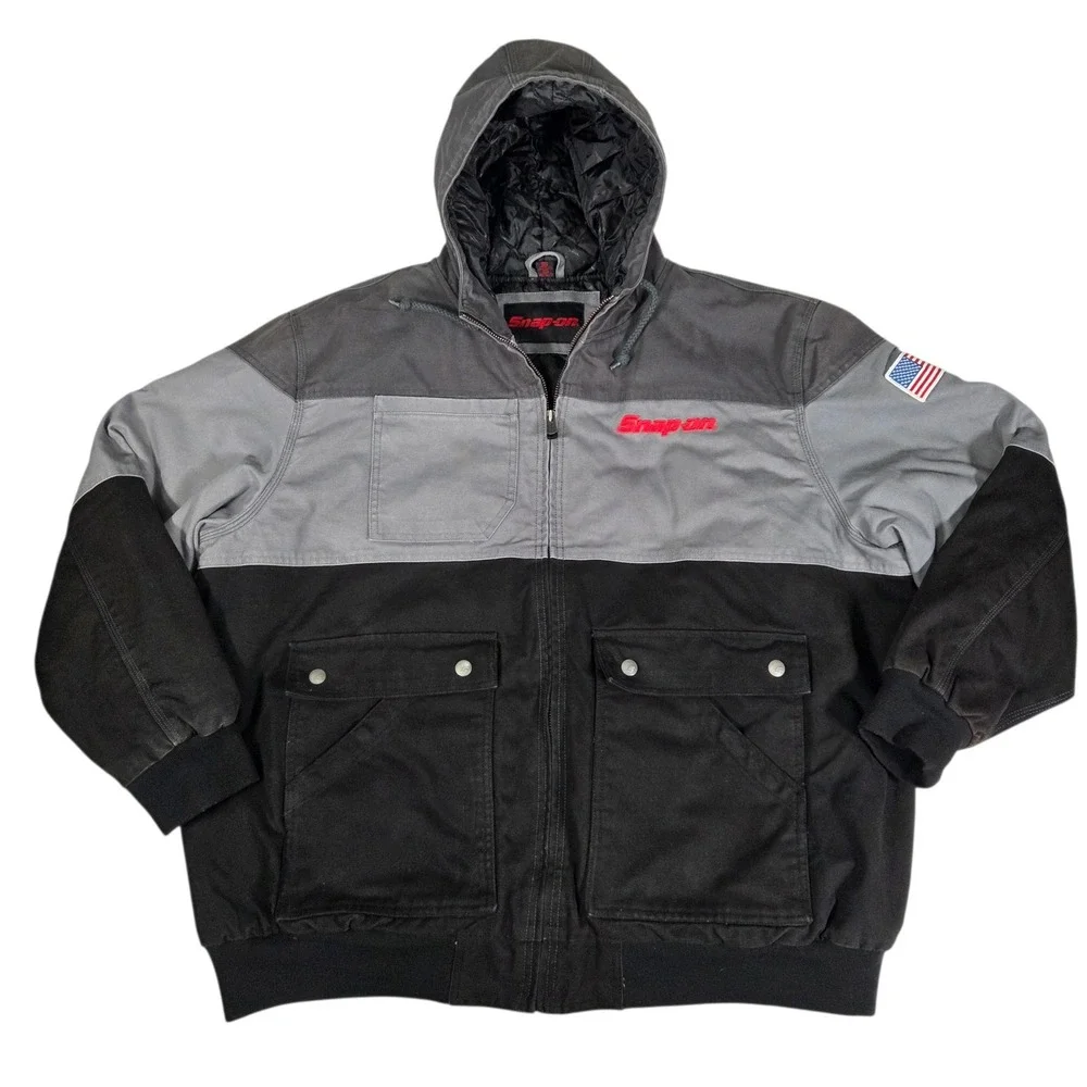 Snap-on Hooded‎ Work Jacket Mens 3XL Gray Black Canvas Quilted Mechanic Heavy